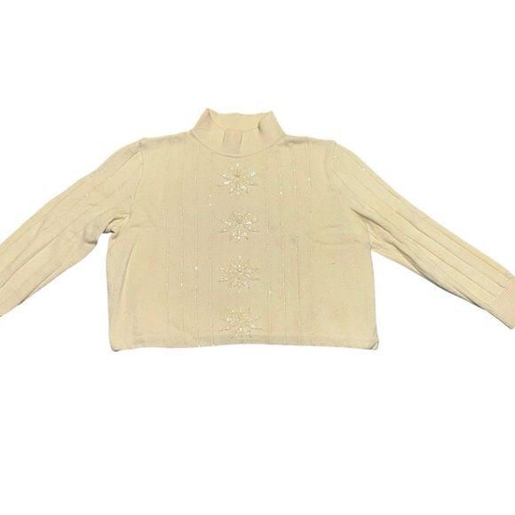 Women’s ST JOHN SPORT ACREAM SNOW FLAKE SEQUIN MOCK TURTLE NECK SWEATER MEDIUM - Picture 3 of 8